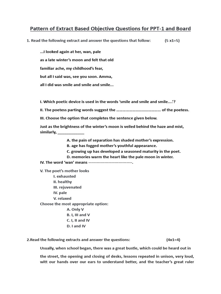 Pattern of Extract Based Objective Questions For PPT-1 & Board | PDF