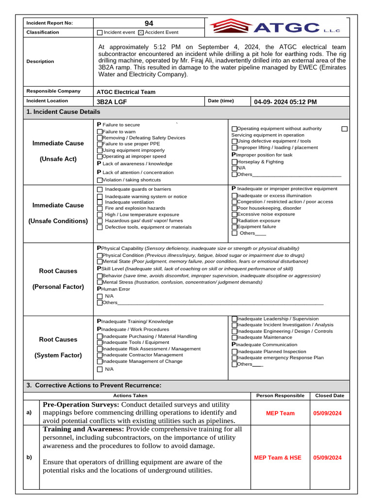 Water Pipeline Damage Incident Report | PDF | Personal Protective ...