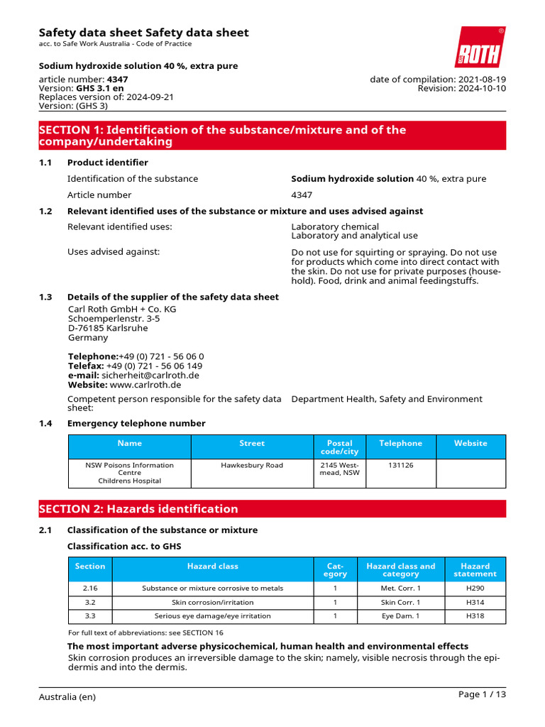 Sodium Hydroxide 40% Safety Data Sheet | PDF | Toxicity | Chemical ...
