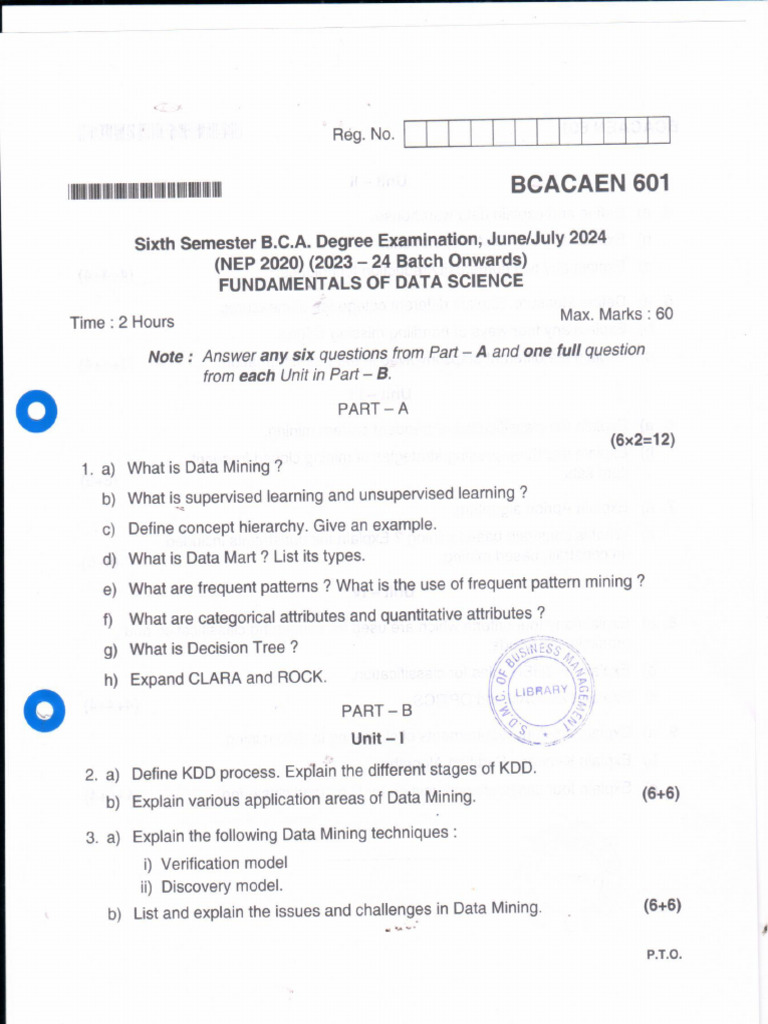 BCA VI Semester Fundamentals of Data Science July 2024 | PDF