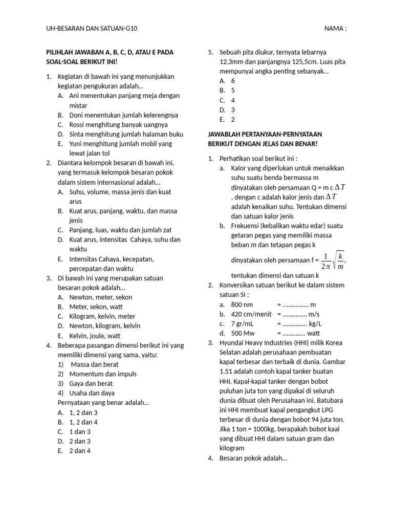 Uh Besaran Dan Satuan 10 C Dan A | PDF