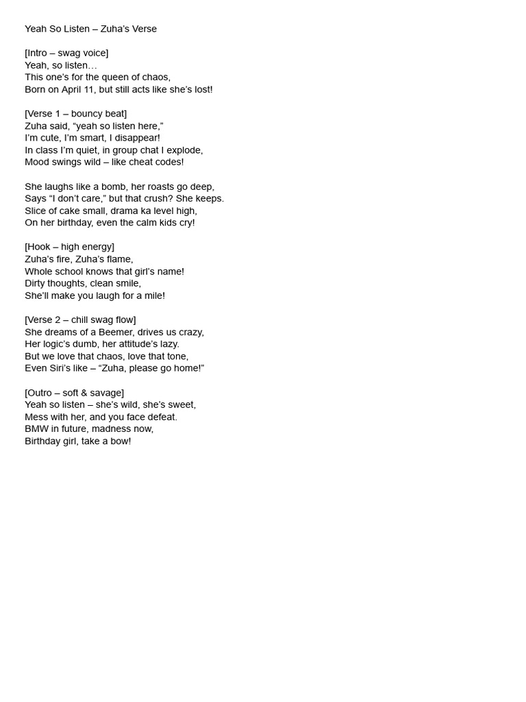 Yeah So Listen - Zuha's Verse | PDF