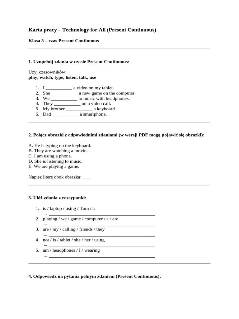 Present Continuous Activities Worksheet | PDF