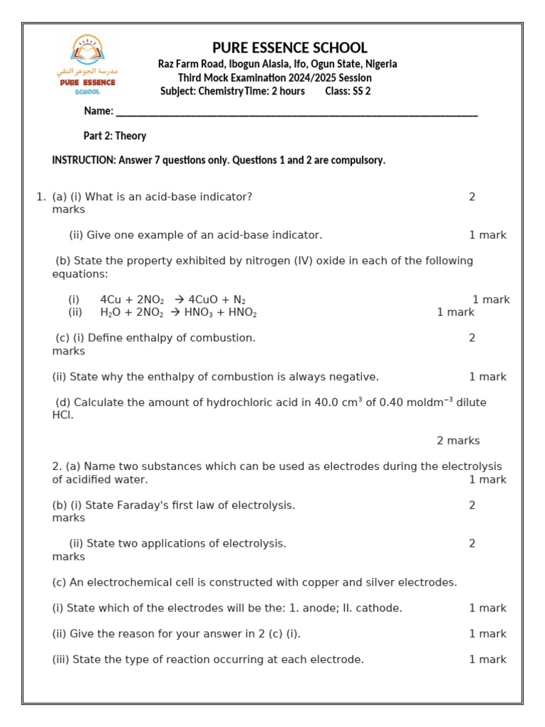 SS2 Chemistry Mock Exam 2024/2025 | PDF | Electrode | Acid
