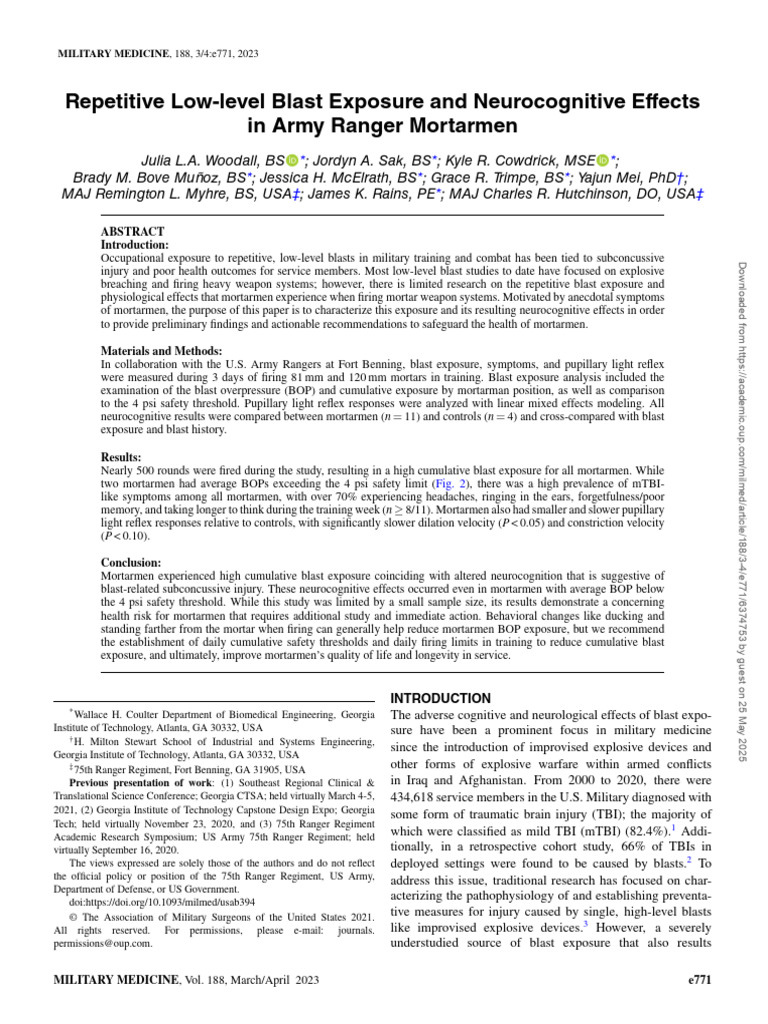 Neurocognitive Effects of Mortarmen's Blast Exposure | PDF | Mortar ...