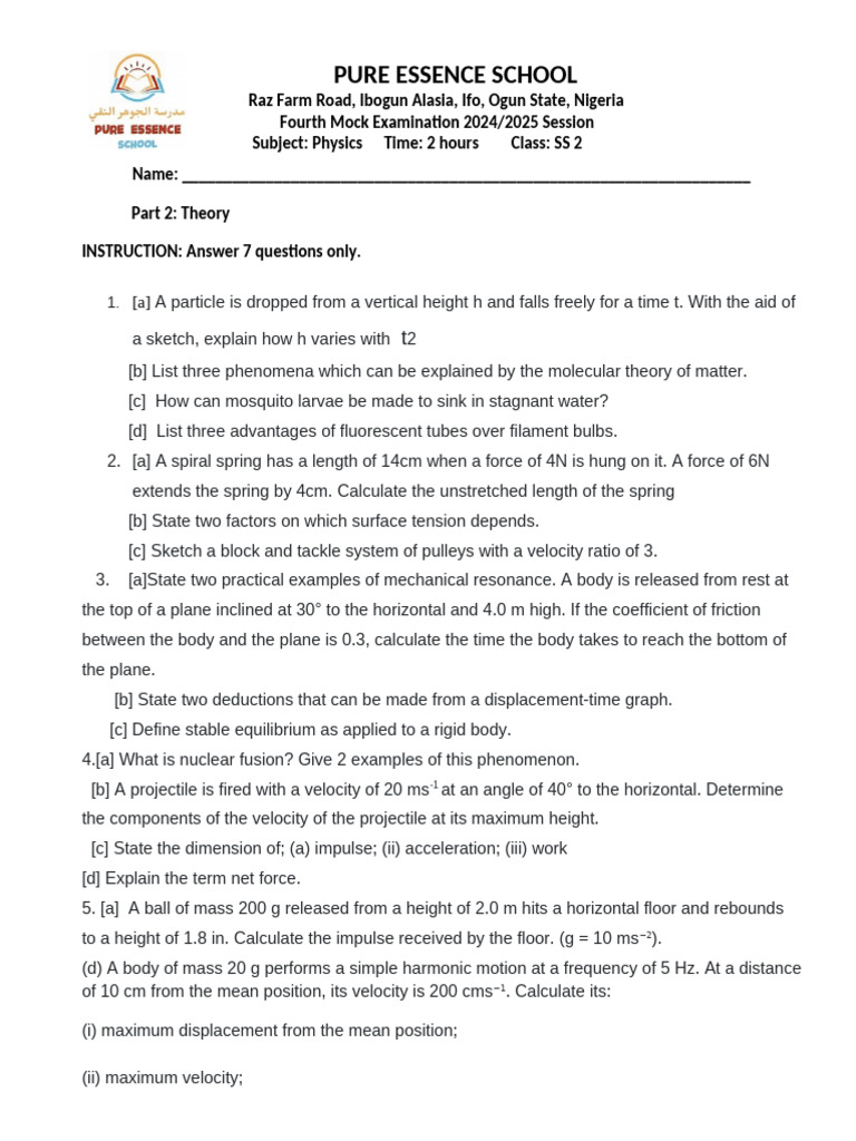 SS2 Physics Mock Exam 2025 | PDF | Waves | Force