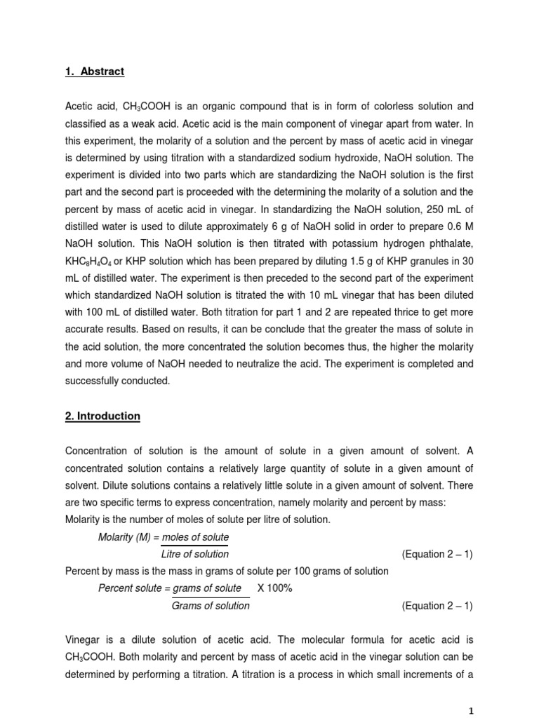 Determination of The Concentration of Acetic Acid in Vinegar Ph