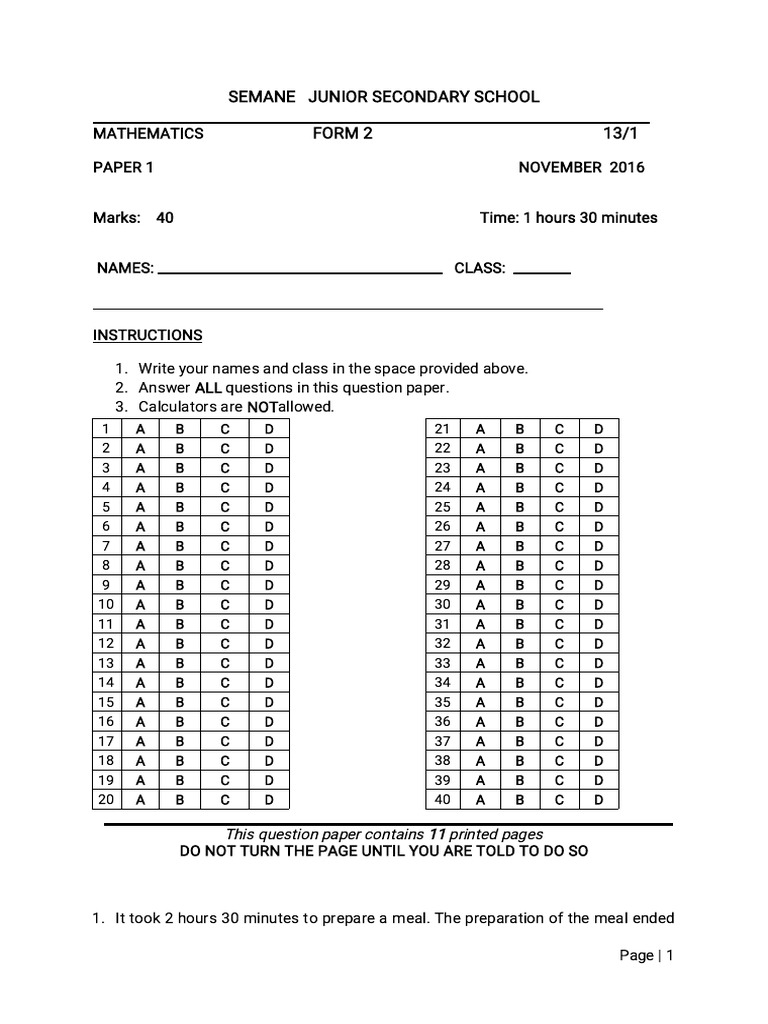 Form 2 Mathematics Exam Paper 2016 | PDF | Area | Euclidean Geometry