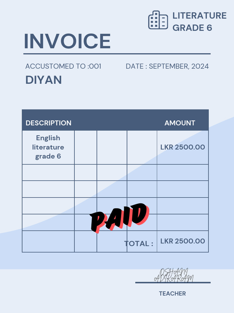 September Invoice for Grade 6 Literature | PDF