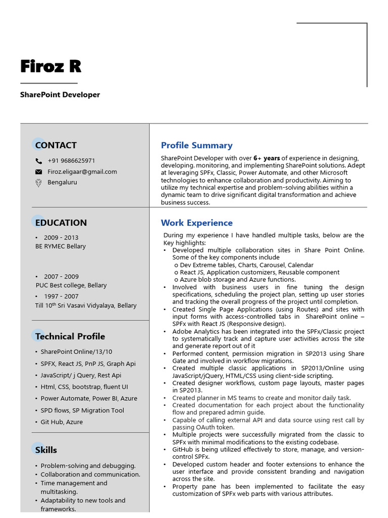 SharePoint Developer Resume Overview | PDF | Share Point | Microsoft Azure