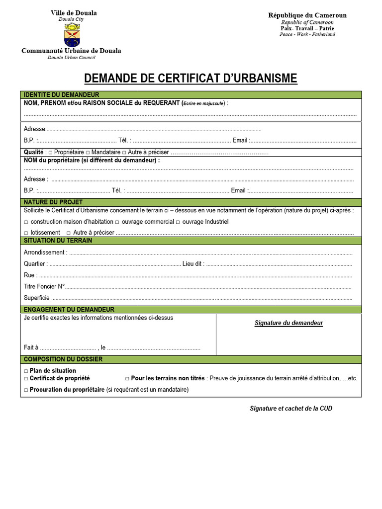 Demande de certificat d'urbanisme Douala | PDF | Gestion des terres ...
