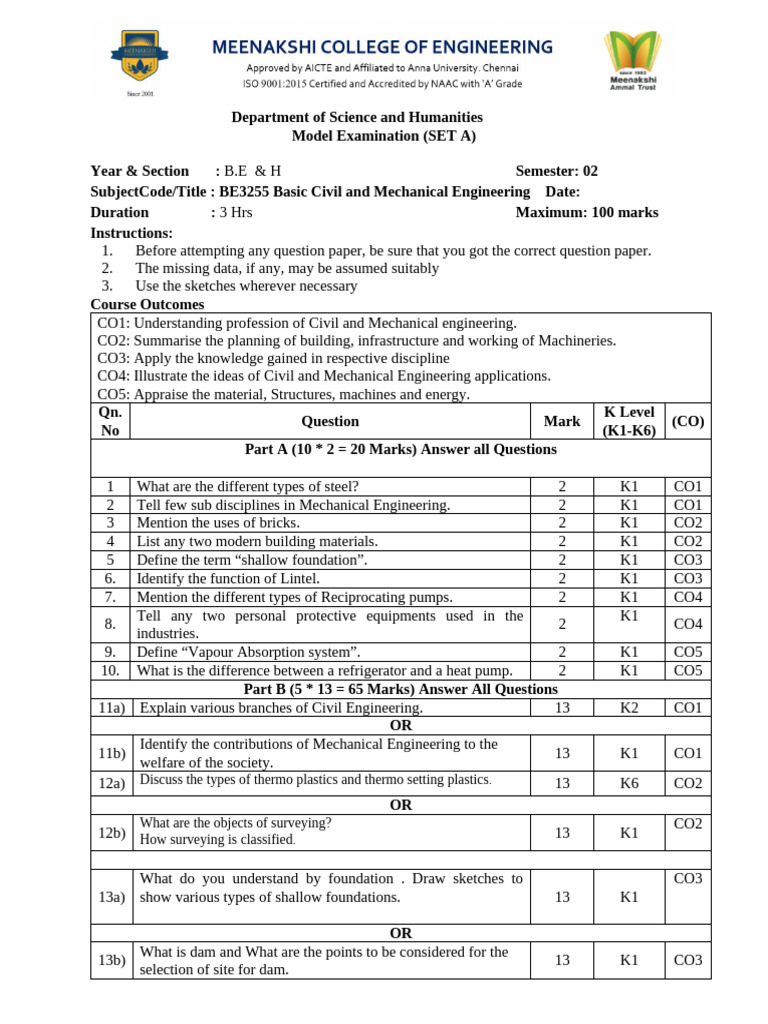 Basic Civil and Mechanical Engineering Exam | PDF | Engineering ...