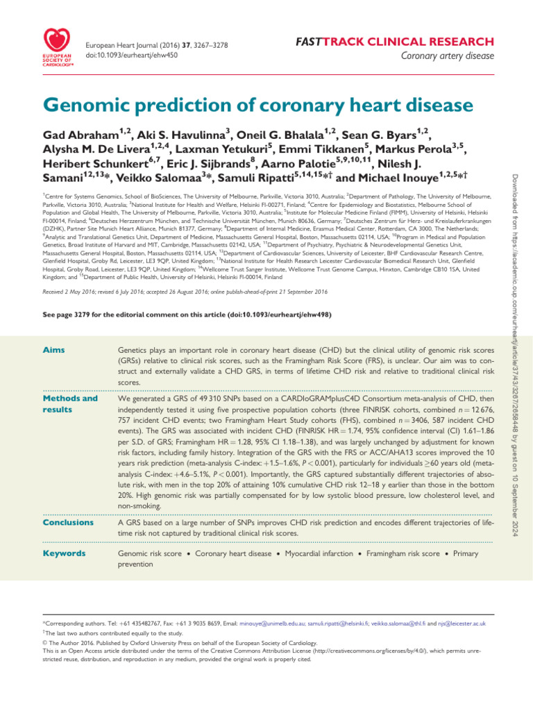 Genomic Prediction of Coronary Heart Disease | PDF | Coronary Artery ...