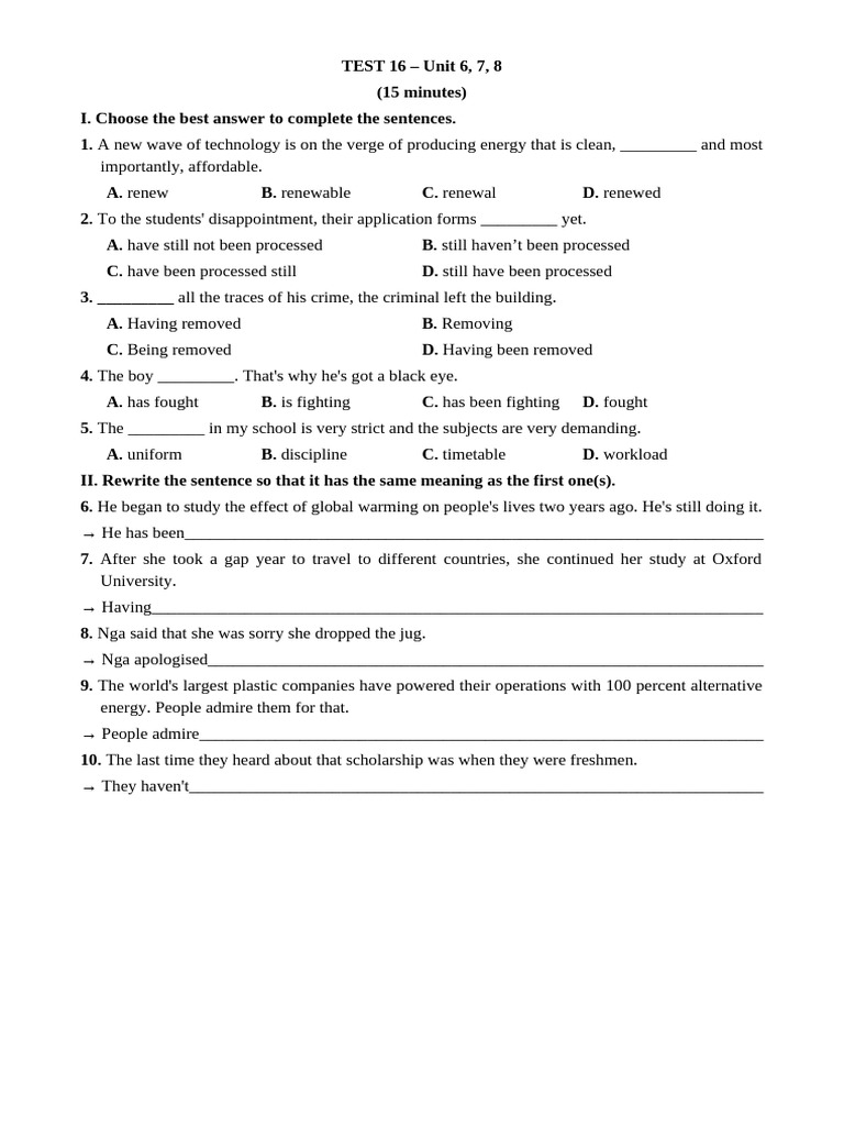 TEST 16 - Unit 6, 7, 8 (15 Minutes) | PDF