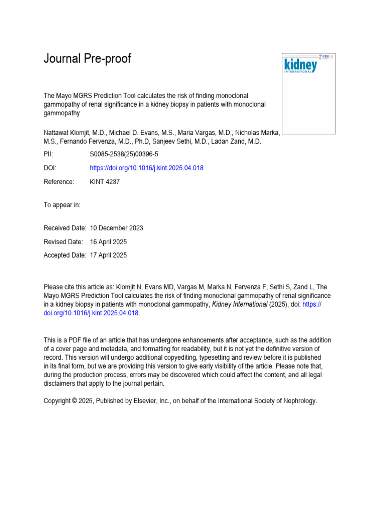 Mayo MGRS Prediction Tool for Biopsy Risk | PDF | Kidney | Chronic ...