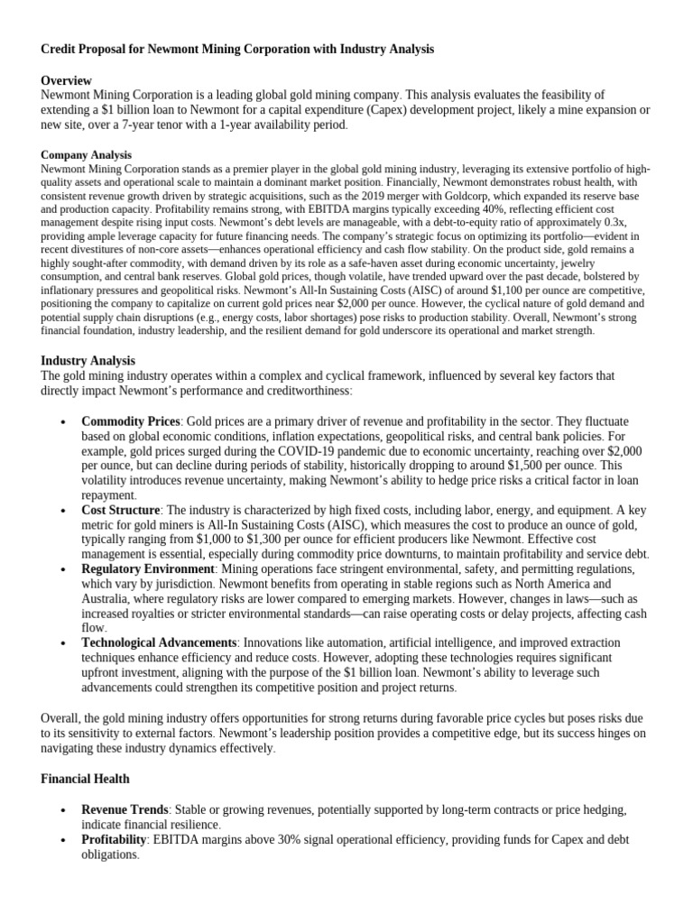 Credit Proposal For Newmont Mining Corporation With Industry Analysis ...