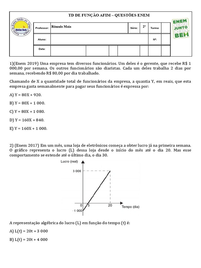 Questões ENEM sobre Função Afim | PDF | Demanda | Oferta (economia)