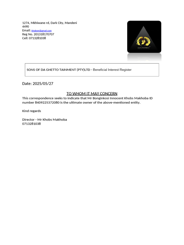 Ownership Confirmation for SONS OF DA GHETTO TAINMENT | PDF