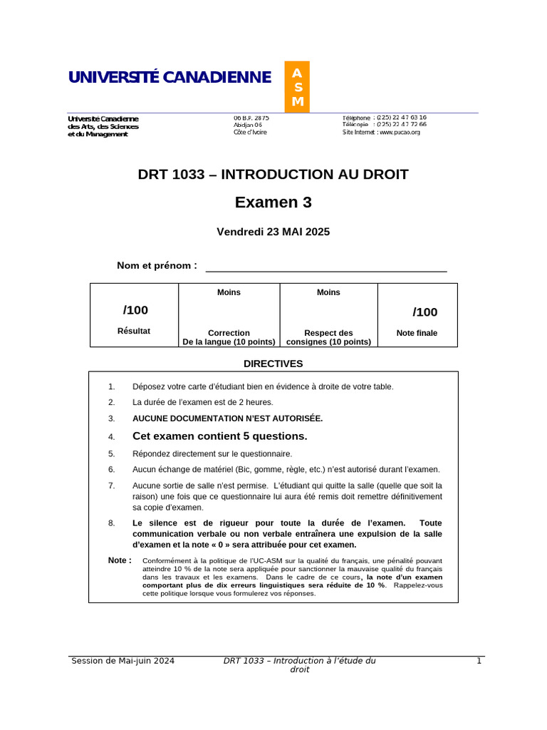 Examen DRT 1033 - Introduction au Droit | PDF | Constitution | Loi
