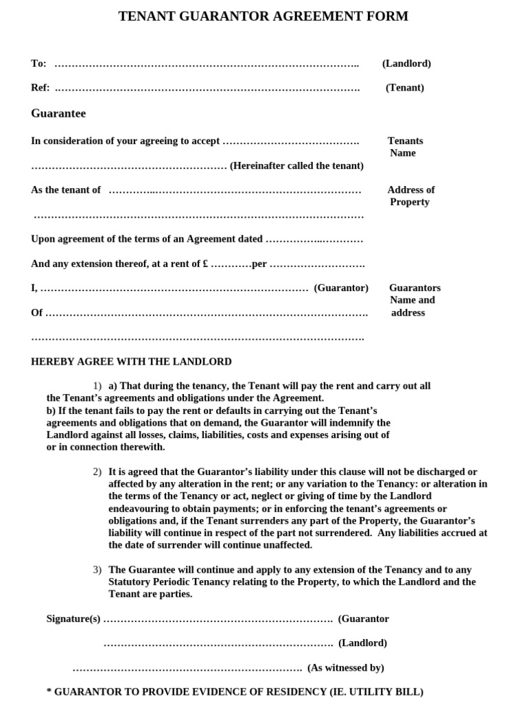 Tenant Guarantor Agreement Form | PDF | Leasehold Estate | Lease