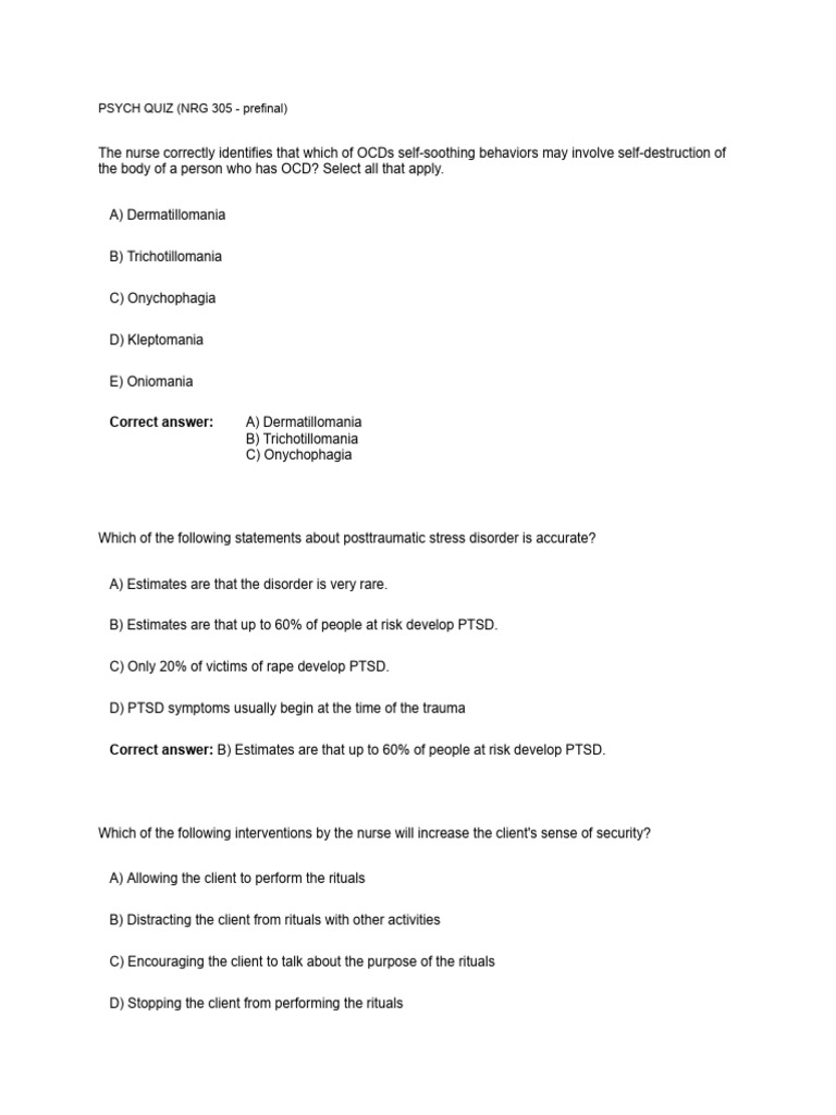 PSYCH QUIZNRG 305 Prefinal | PDF | Psychological Trauma | Obsessive ...