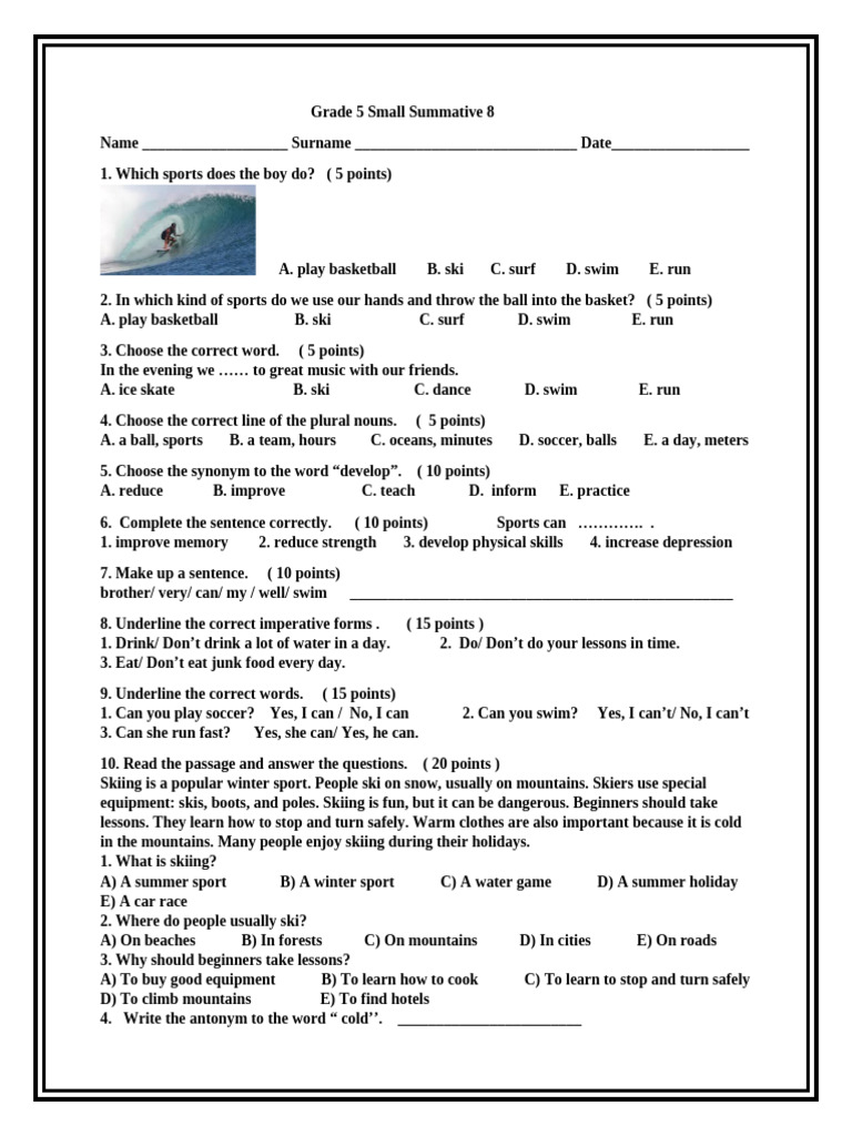Grade 5 Sports and Language Assessment | PDF | Individual Sports