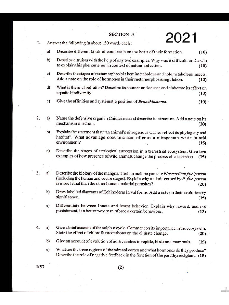 JKPSC Zoology Optional Paper 2 Pyqs 2021-2024 | PDF