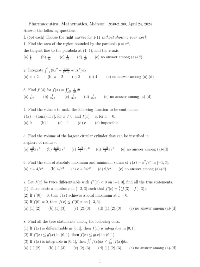 Pharmaceutical Mathematics Midterm Exam | PDF | Mathematical Concepts ...