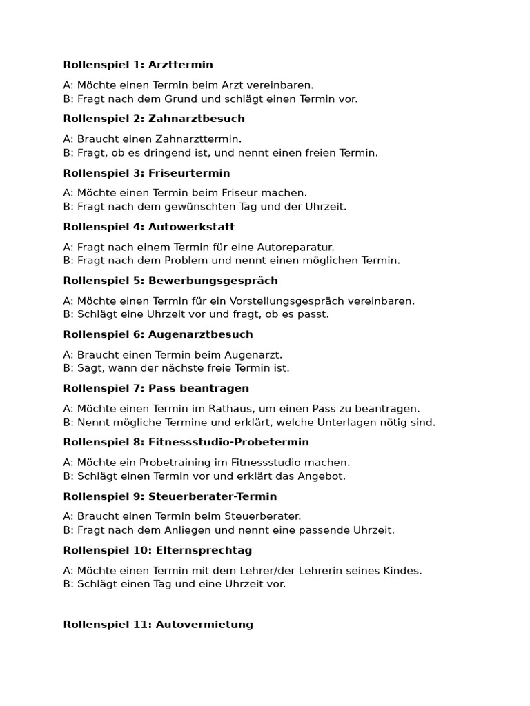 ROLLENSPIEL A1 (Thema Einen Termin Vereinbaren) | PDF