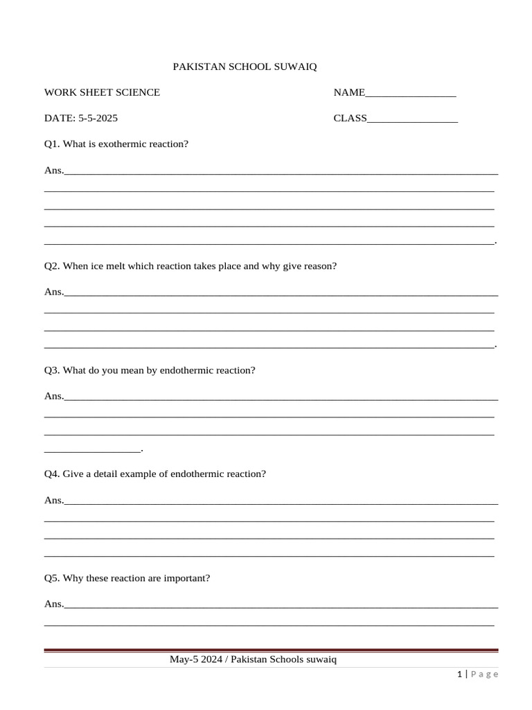 Science Worksheet on Reactions | PDF