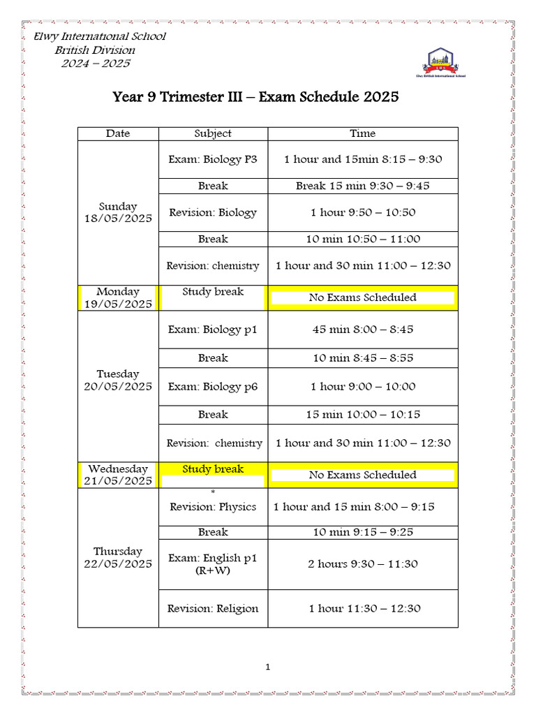 Y-9 End of Year Exam Schedule | PDF | Academic Term