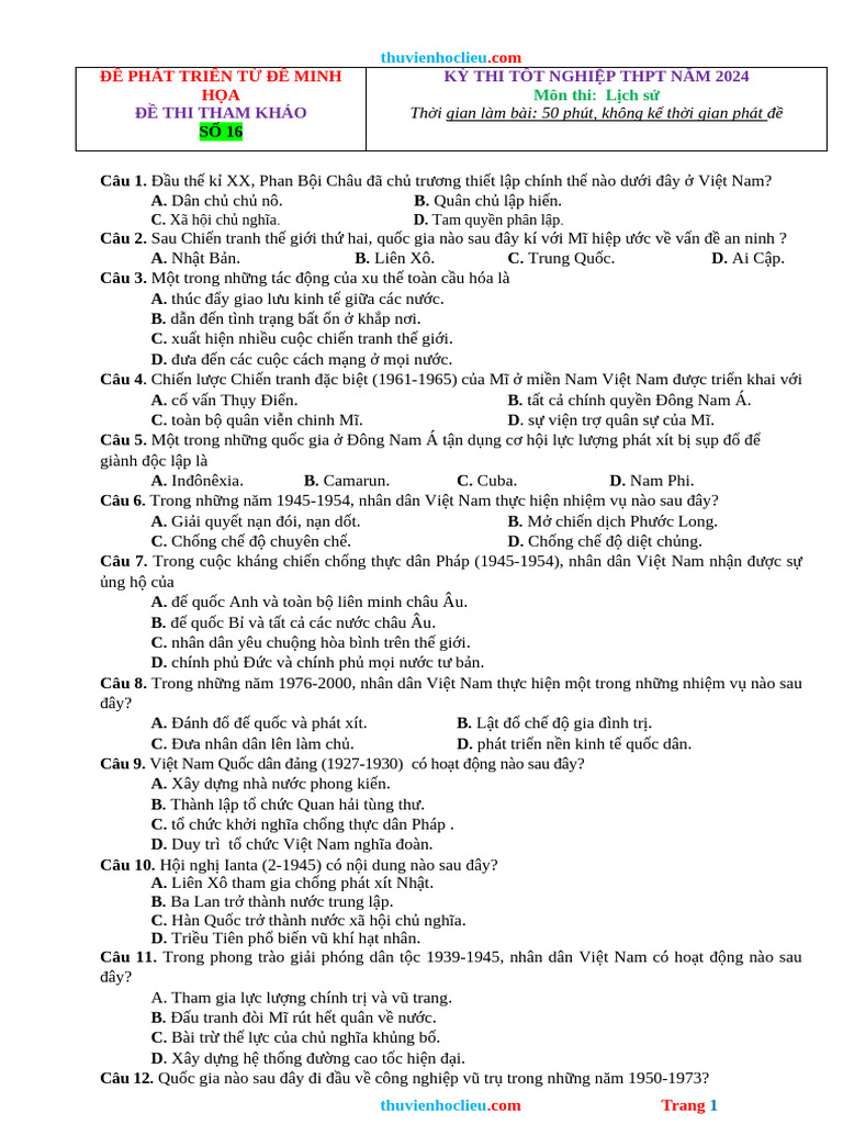 De Thi Thu TN THPT 2024 Lich Su Phat Trien Tu de Minh Hoa de 16 | PDF