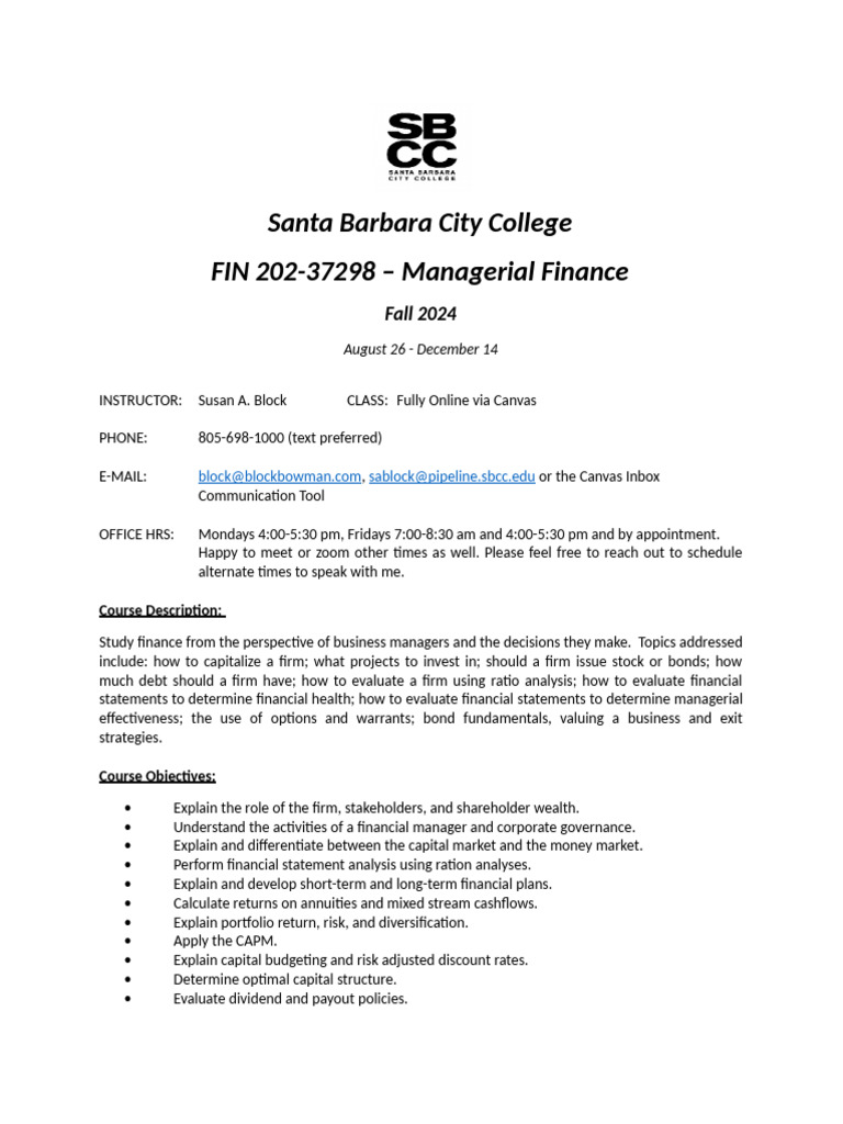 SBCC Syllabus FIN 202-37298 (Fall 2024 16wks) | PDF | Business ...