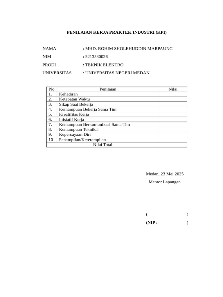 Penilaian Kerja Praktek Industri Rohim | PDF