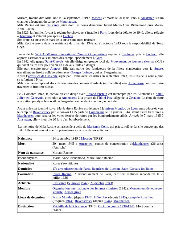 Mila Racine, résistante juive déportée | PDF | Seconde Guerre mondiale