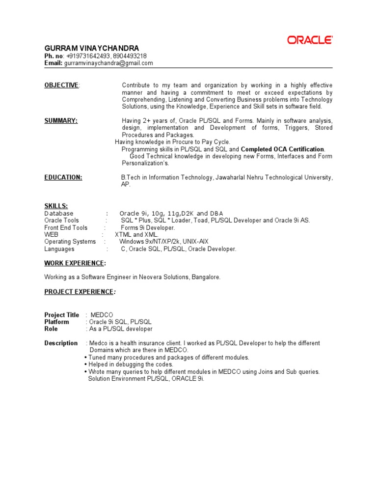 Oracle PL/SQL Developer Resume | PDF | Oracle Database | Pl/Sql