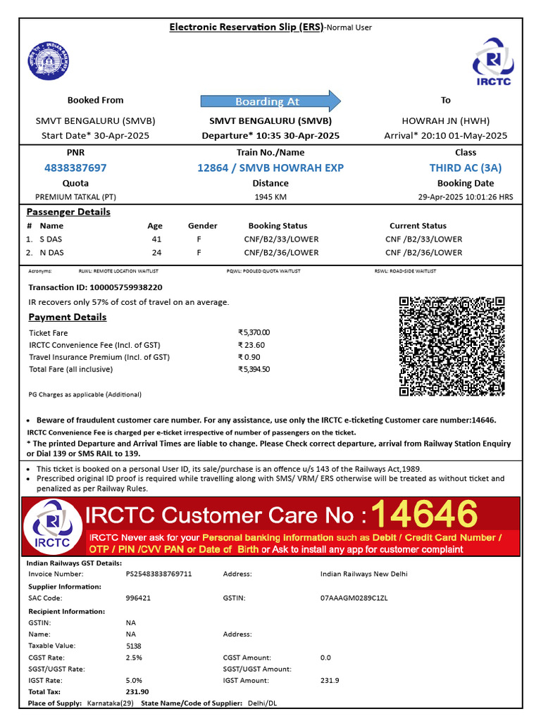 SMVB Howrah Express Ticket Details | PDF | Value Added Tax | Payments