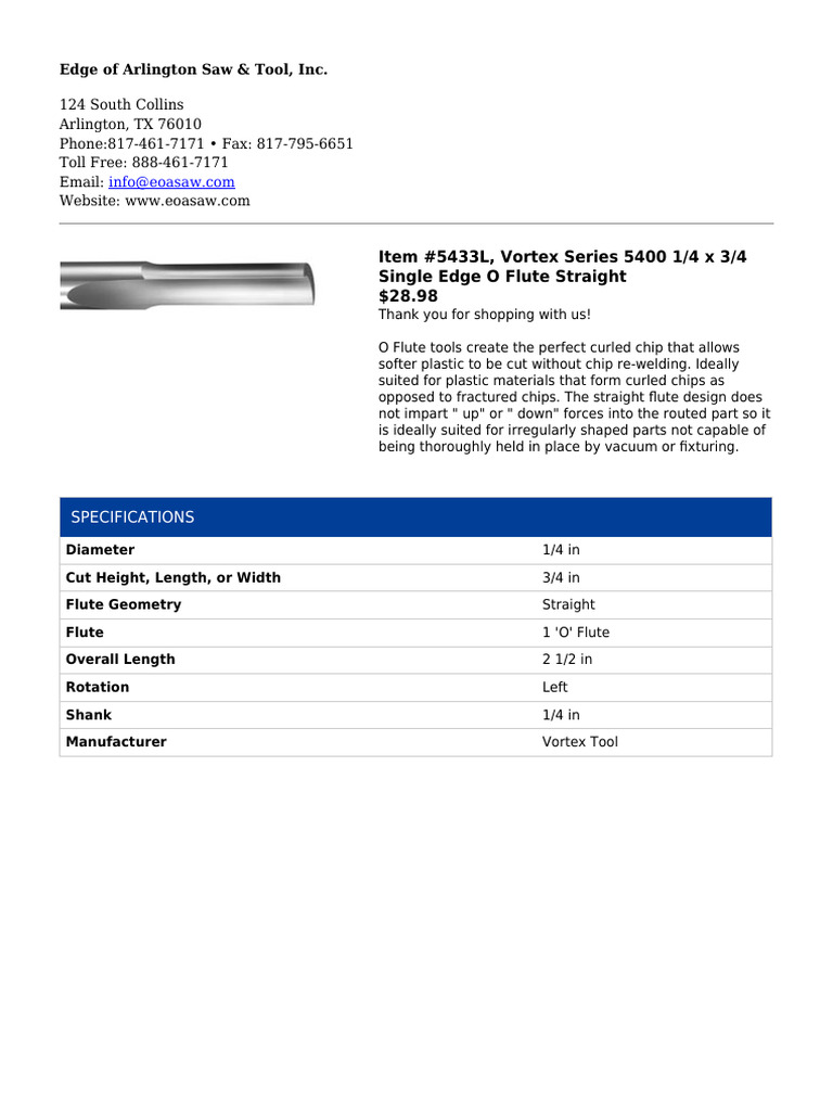 5433L-Vortex Series 5400 1 - 4 X 3 - 4 Single Edge O Flute Straight | PDF