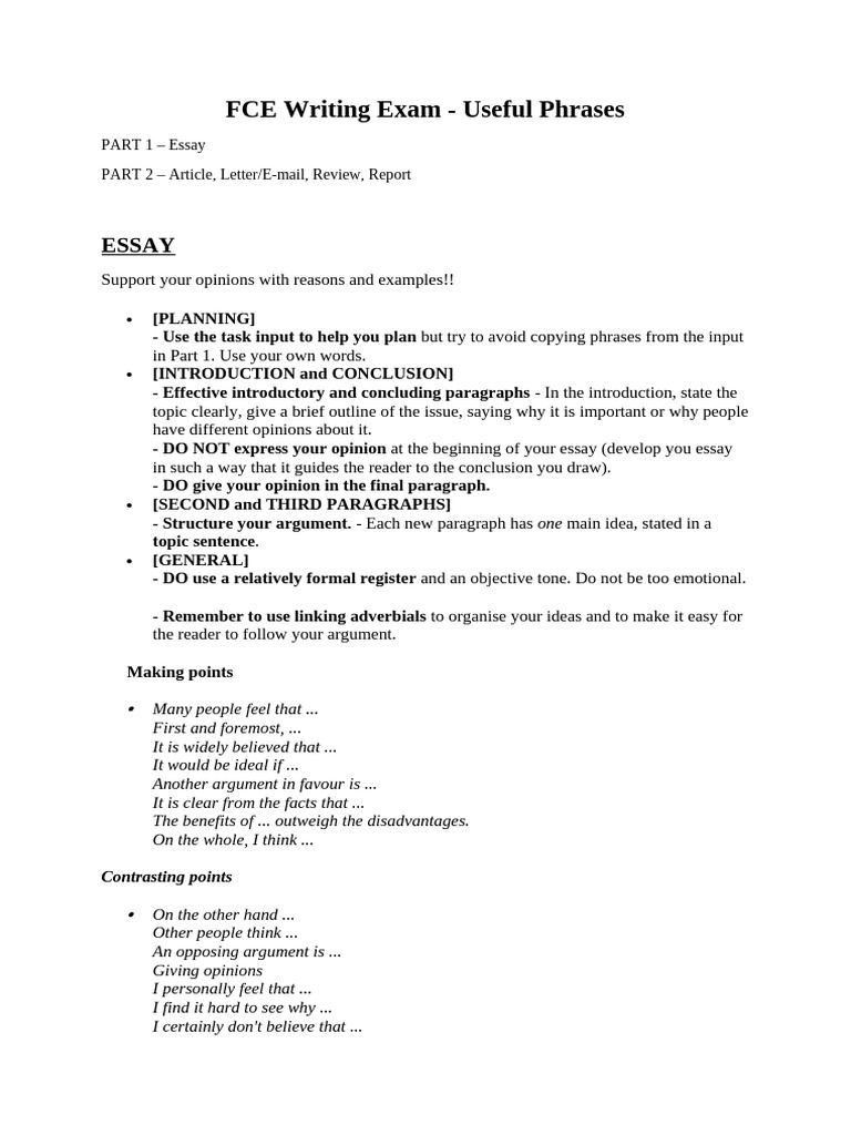 Essential Phrases for FCE Writing Exam | PDF | Essays | Argument
