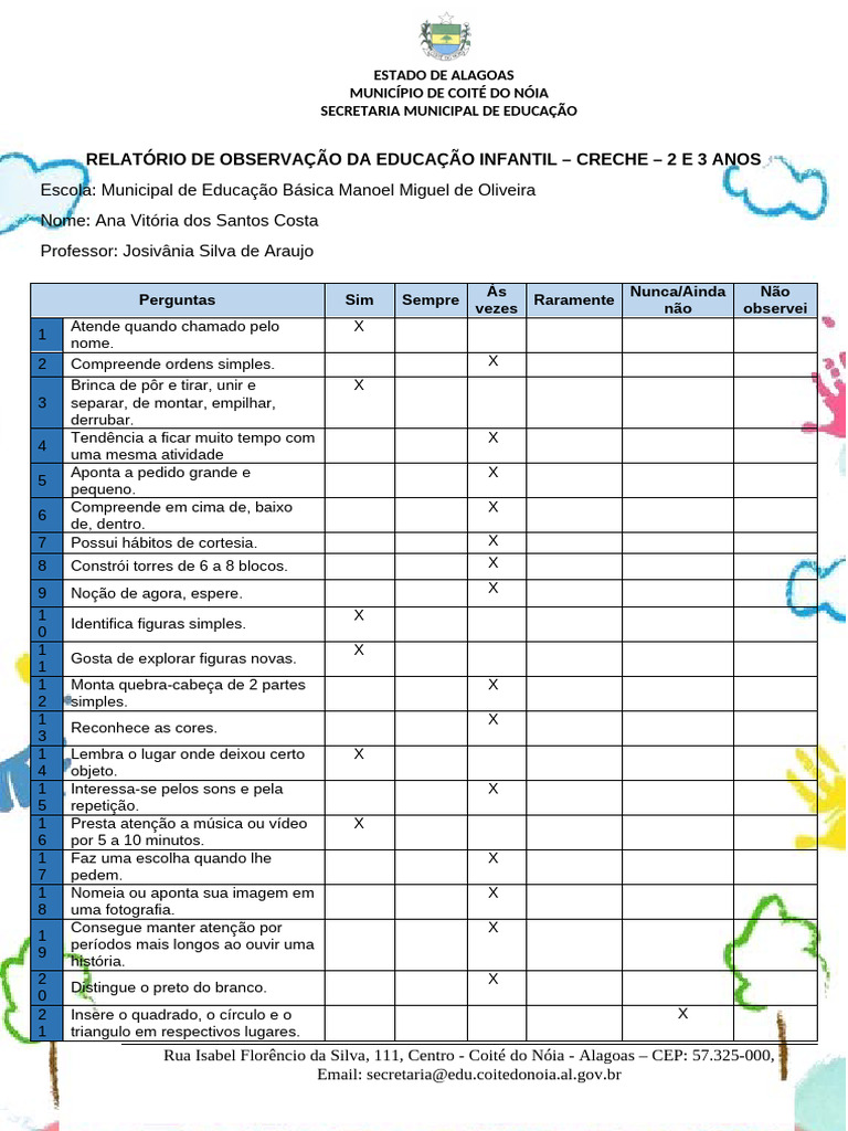 Relatório de Observação Infantil Alagoas | PDF | Pré-escola