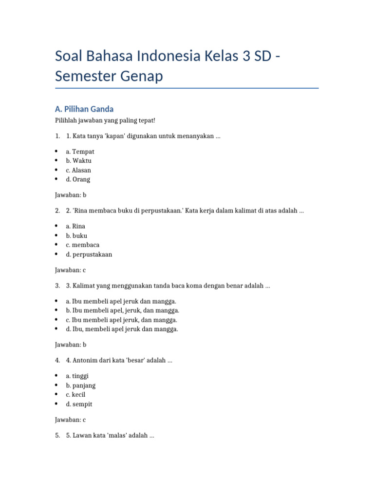 Soal Bahasa Indonesia Kelas 3 SD | PDF