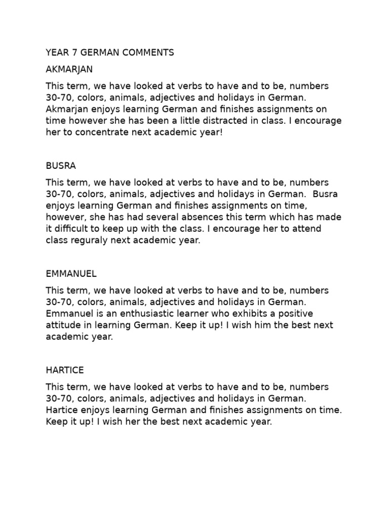 Year 7 German Comments | PDF | Cognition | Linguistics