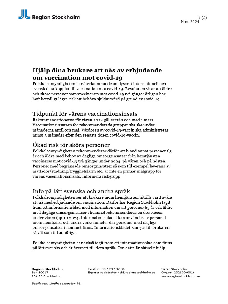 Informationsbrev Till Kommun Covid-19 Vårdos 2024 - Klar | PDF
