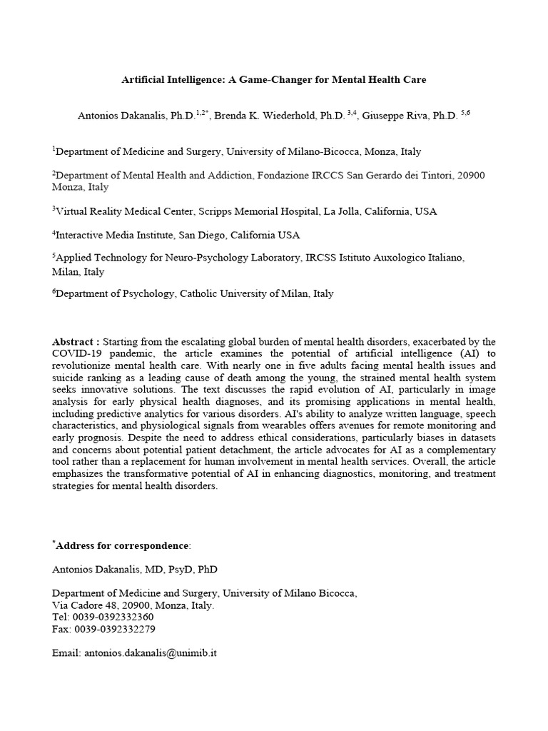 AI in Mental Health 16 Nov 23 - PREPRINT | PDF | Mental Health ...