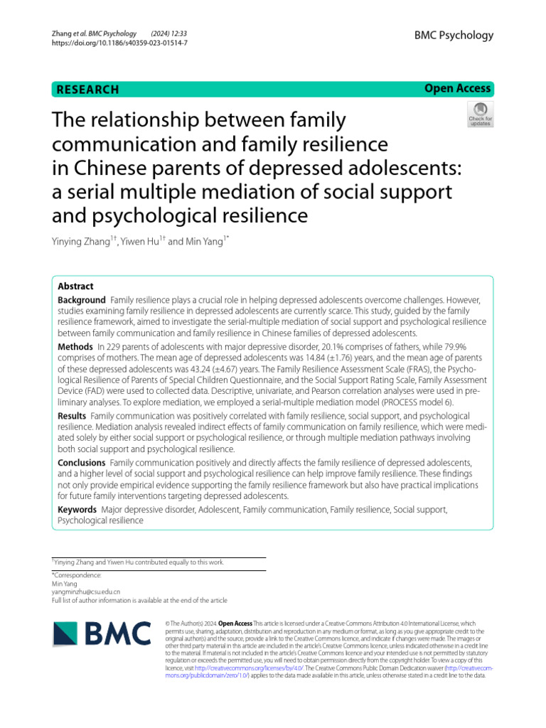 Family Communication and Resilience in Depressed Adolescents | PDF ...