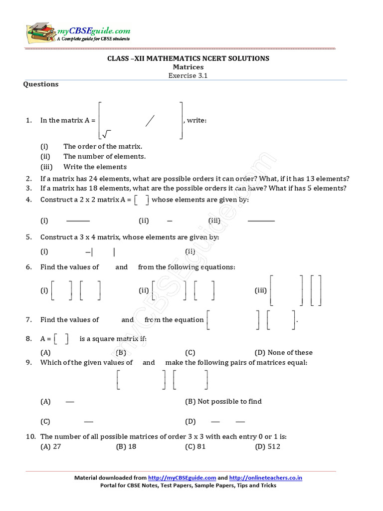 Class 12 Ncert Matrices Exercise 3 1 Pdf Matrix Mathematics
