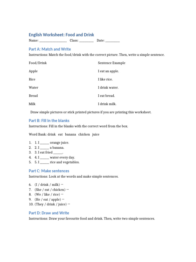 Food and Drink English Worksheet | PDF