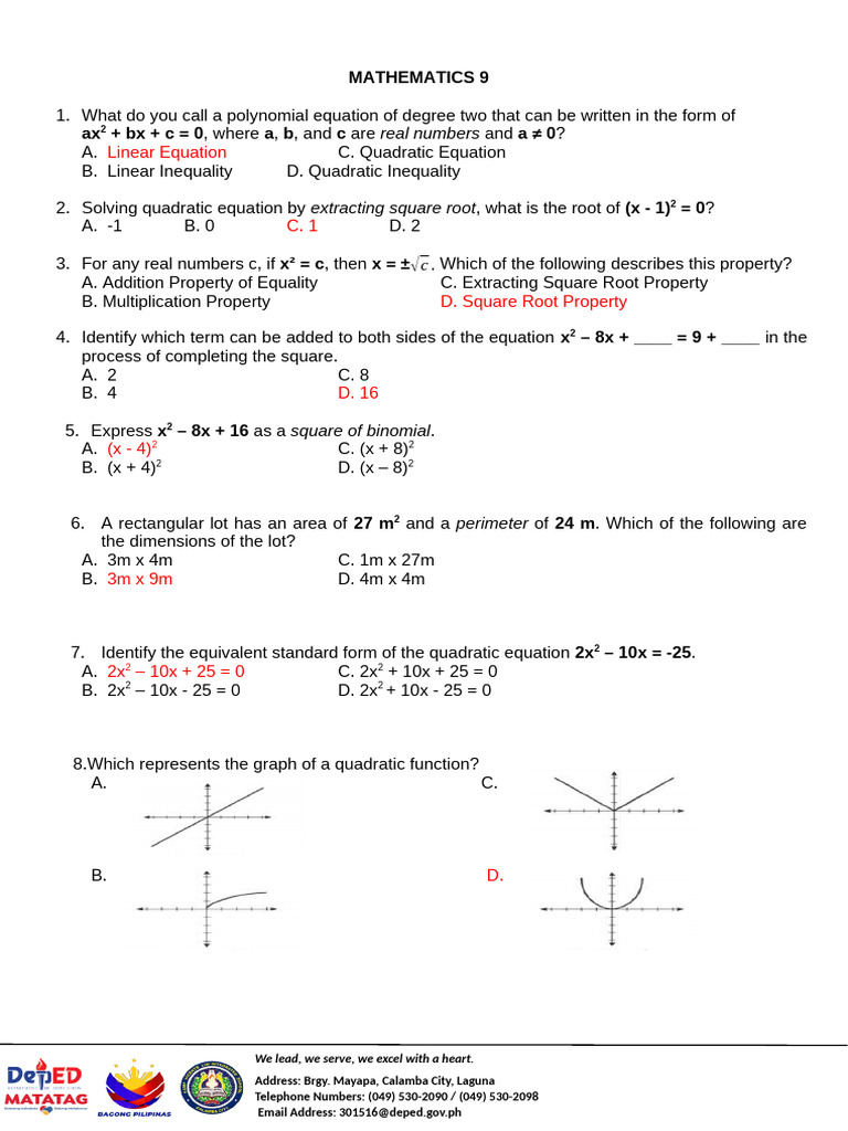 Mathematics 9 Quadratic Equations Guide | PDF | Quadratic Equation ...