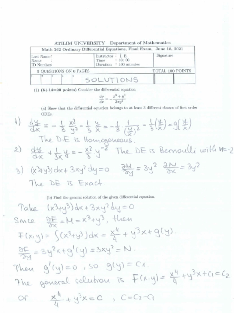 Math262 2020 21 Spring Final Solutions | PDF
