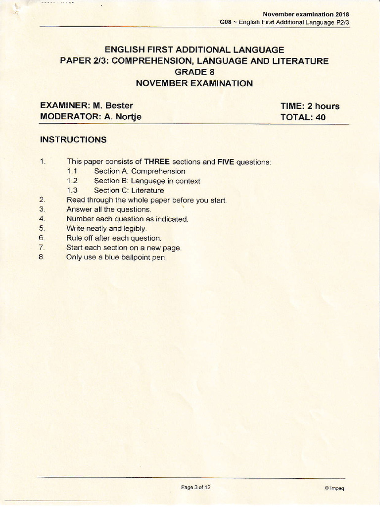 Grade 8 English November Exam Paper | PDF | Brain